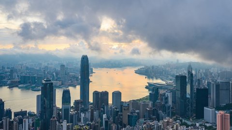 Hong Kong cityscape city urban in morning scene, 4k time-lapse of Hong Kong aerial view, concept of global business finance and communication connection, travel transportation construction industy