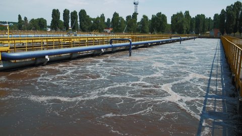 Wastewater treatment plant. Tank for aeration and biological purification of sewage with active sludge