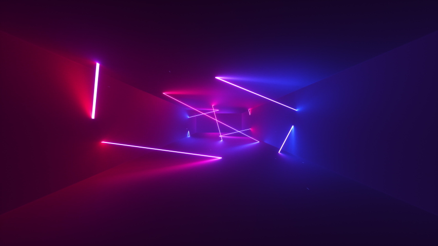 Abstract seamless looped animation of neon, glowing tubes, lasers and lines, glitching and flashing while moving forward within a dark tunnel with fog and particles. Royalty-Free Stock Footage #1035100751