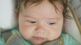 Beautiful close-up in slow motion of baby going from happy to sad