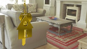 Animation of golden house keys and house shaped key fob hanging with house interior in the background - Powered by Shutterstock - Get 15% off with code: PIKWIZARD15