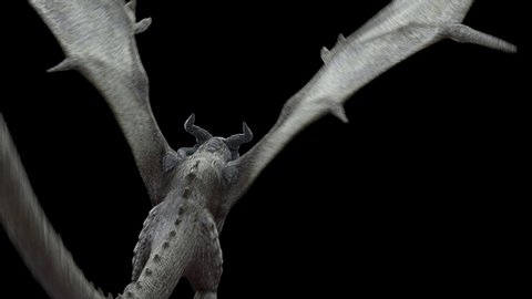 Realistic Dragon flying and waving his wings isolated on black with alpha channel and additional alpha matte. Production Quality footage in 4k resolution ProRes 4444 codec 30 FPS.