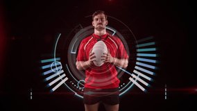 Animation of a Caucasian male rugby player playing with a ball and looking to camera with circles spinning and medical data appearing on a black background - Powered by Shutterstock - Get 15% off with code: PIKWIZARD15
