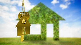 Animation of golden house keys and house shaped key fob spinning with green house shape and blue sky with clouds in the background - Powered by Shutterstock - Get 15% off with code: PIKWIZARD15