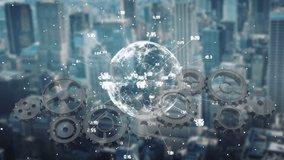 Animation of cogs rotating while a globe is spinning with data and connection network and cityscape in the background - Powered by Shutterstock - Get 15% off with code: PIKWIZARD15
