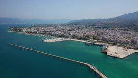 Aerial drone video of Port and main town of Patras, Achaia, Peloponnese, Greece