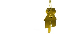 Animation of golden house keys and house shaped key fob hanging with house icons and a blue arrow pointing up in the background - Powered by Shutterstock - Get 15% off with code: PIKWIZARD15