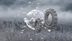 Animation of a red cog joining cogs rotating while a globe is spinning with data and connection network and cityscape in the background - Powered by Shutterstock - Get 15% off with code: PIKWIZARD15