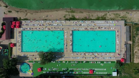 Aerial view of public swimming pool near the reservoir of the Ob river in Novosibirsk, Russia