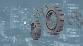 Animation of red cogs joining cogs rotating while a globe is spinning with data and connection network and cityscape in the background - Powered by Shutterstock - Get 15% off with code: PIKWIZARD15