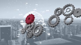 Animation of a red cog joining cogs rotating while a globe is spinning with data and connection network and cityscape in the background - Powered by Shutterstock - Get 15% off with code: PIKWIZARD15