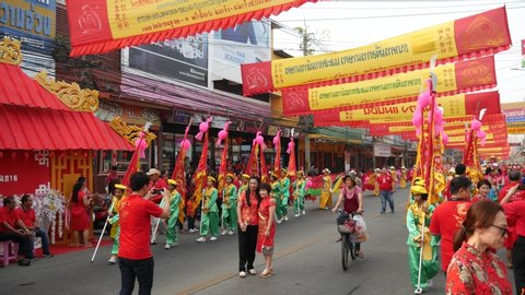 Nakhon Sawan, Thailand-February 19, 2018: Parade to celebrate Lunar New Year/Chinese New Year in Nakhon Sawan, Thailand