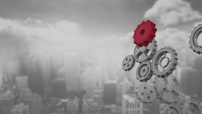 Animation of a red cog joining cogs rotating while a globe is spinning with data and connection network and cityscape in the background