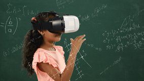 Animation of a Caucasian schoolgirl wearing a VR headset. looking around and moving her hand with mathematical formulae on the chalkboard in the background - Powered by Shutterstock - Get 15% off with code: PIKWIZARD15