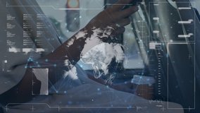 Animation of globe, data and connection network spinning while a young Caucasian woman is using a smartphone on a public transport in the background - Powered by Shutterstock - Get 15% off with code: PIKWIZARD15