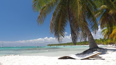 DOMINICAN REPUBLIC, SAONA ISLAND - 4.04.2019: People having fun on caribbean beach with palm trees. Travel destinations. Summer holidays