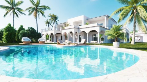 Private luxury Villa with Swimming Pool and palms. Realistic 3d visualisation in 4k resolution.