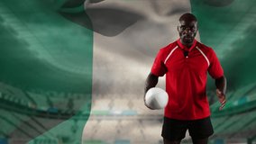 Animation of an African American male rugby player playing with a ball and looking to camera with blowing Nigerian flag and stadium in the background - Powered by Shutterstock - Get 15% off with code: PIKWIZARD15