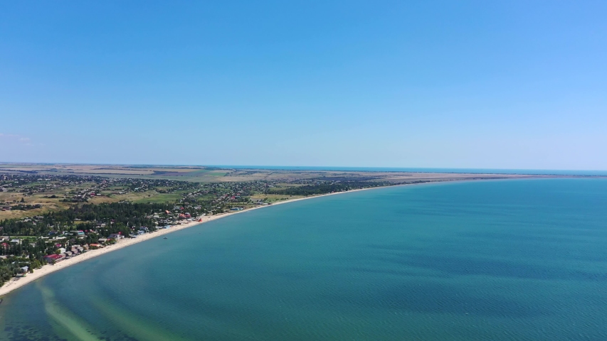 Settlement on a sea spit aerial view. The seashore. Sea of Azov