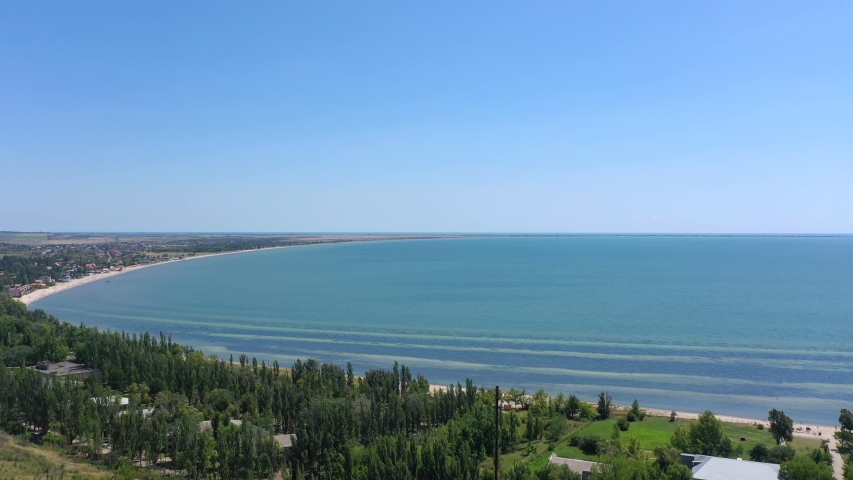 Sea shore aerial view. Spit in the Sea of Azov.