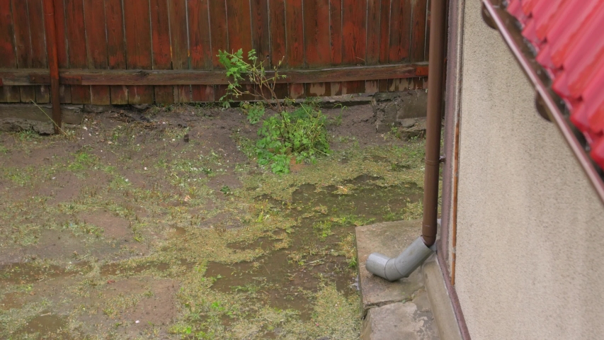 The backyard and rain brown wooden old fence puddle wet land