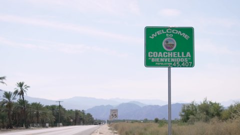 Coachella, California - August 4 2019: Welcome to Coachella California sign with population and landscape