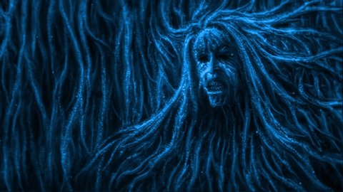 Scary woman face in tree. Looped animation for Halloween. Genre of horror. Blue background color.