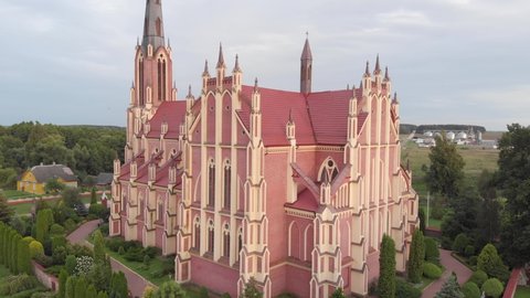 Flying above Gerviaty, Grodno region, Belarus. The Church of St.Trinity. Drone aerial video