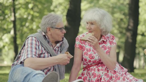Retired seniors eating sandwiches on picnic sitting on grass in summer park
