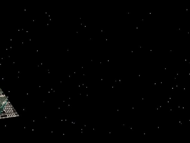 Pyramid spaceship flying over a green screen
