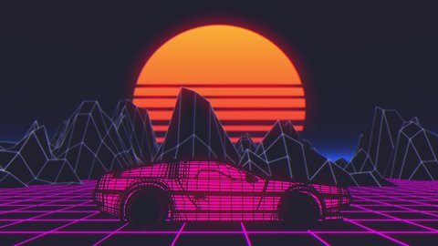 Retro futuristic seamless animation of a car with a sun in the background