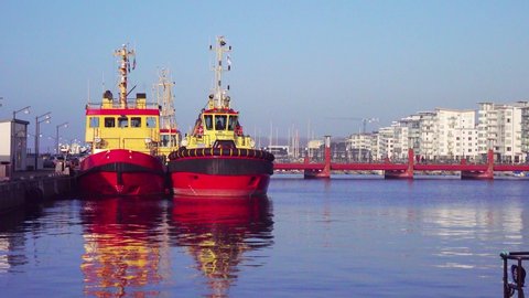 Helsingborg / Sweden - 01 26 2017: Tugboats in Helsingborgs northern harbor.