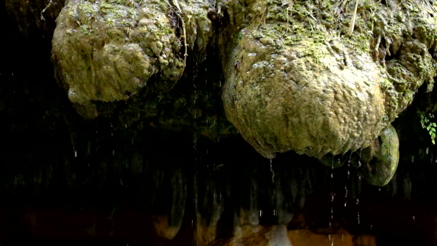 Water droplets in rocks sourced from waterfalls.