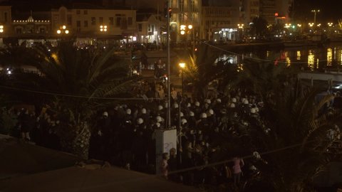 Mytilene / Greece - 04 22 2018: Riot Police in Sappho Square, Mytilene Far Right Fascists attack Afghan refugees peacefully demonstrating