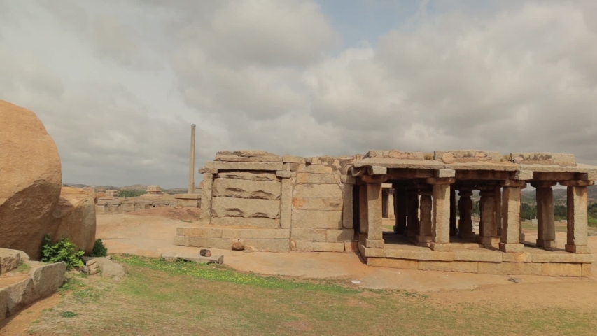 Pan view of ruined Temples on top of the Hemakuta Hill at Hampi
