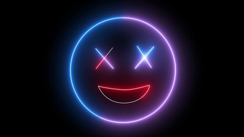 Neon emoji face, smiling sign. Web character with neon, glowing light. Isolated smiley face.