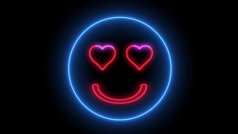 Neon heart eye smiley face. Glowing led light, smiling lover emoji.