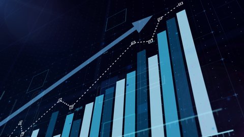 Beautiful 3D animation of rising blue bar graph following the arrow, ultra HD 4K Vídeo Stock