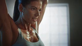 Athletic Beautiful Woman Does Overhead Lift with a Barbell in the Gym. Gorgeous Female Professional Bodybuilder Does Weight Lift Workout Exercises in the Hardcore Training Facility. 4K UHD - Powered by Shutterstock - Get 15% off with code: PIKWIZARD15