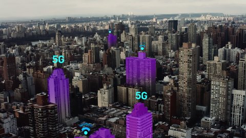 Futuristic aerial of New York city connected through 5G. Wireless network, mobile technology concept, data communication, cloud computing, artificial intelligence, internet of things. 