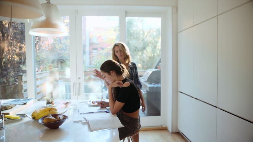 Caucasian mother checking daughter doing homework in kitchen | Shutterstock HD Video #1035219836