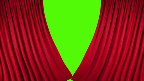 Red velvet theater curtains in motion. Opening and closing curtains with green chroma key.