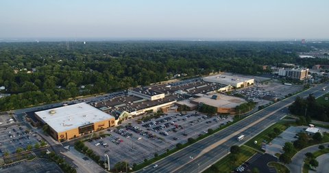 Wilmington , DE / United States - 08 22 2017: Aerial video of Concord Mall with Delaware River in distance