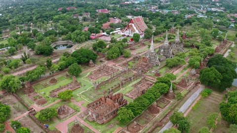 Aerial landscape of Ayutthaya historical park in Ayutthaya province of Thailand. Ayutthaya Historical Park has been registered as a UNESCO World Heritage Site.