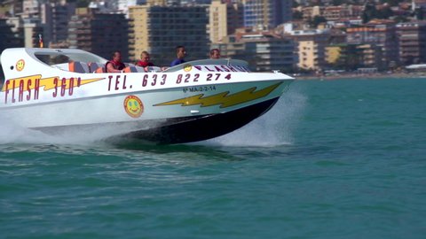 Malaga / Spain - 05 21 2019: Slow Motion of Jet Boat in Torremolinos, Malaga