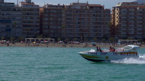 Malaga / Spain - 05 21 2019: Slow Motion of Jet Boat in Torremolinos, Malaga