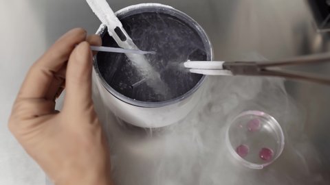 Specialist in brown latex gloves is freezing material in the cryogenic storage during the in vitro fertilization process in the IVF lab. Closeup video recording.
