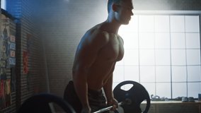 Arc Shot: Handsome Muscular Man Does Deadlift and Curls with a Heavy Barbell. Athletic Shirtless Man Training, Doing Power, Strength and Endurance Exercises with Barbell. Workout in the Hardcore Gym - Powered by Shutterstock - Get 15% off with code: PIKWIZARD15