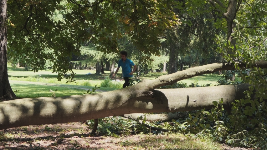 young athletic man jumps over the fallen trunk at the park during a summer day