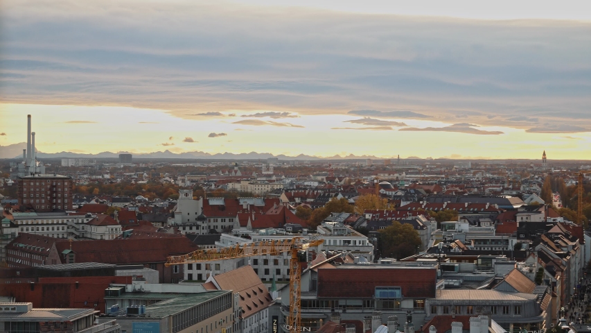 Panoramic view of Munich at evening time, Germany. Munich is the capital and most populous city of Bavaria, the second most populous German federal state. Real time establishing shot.